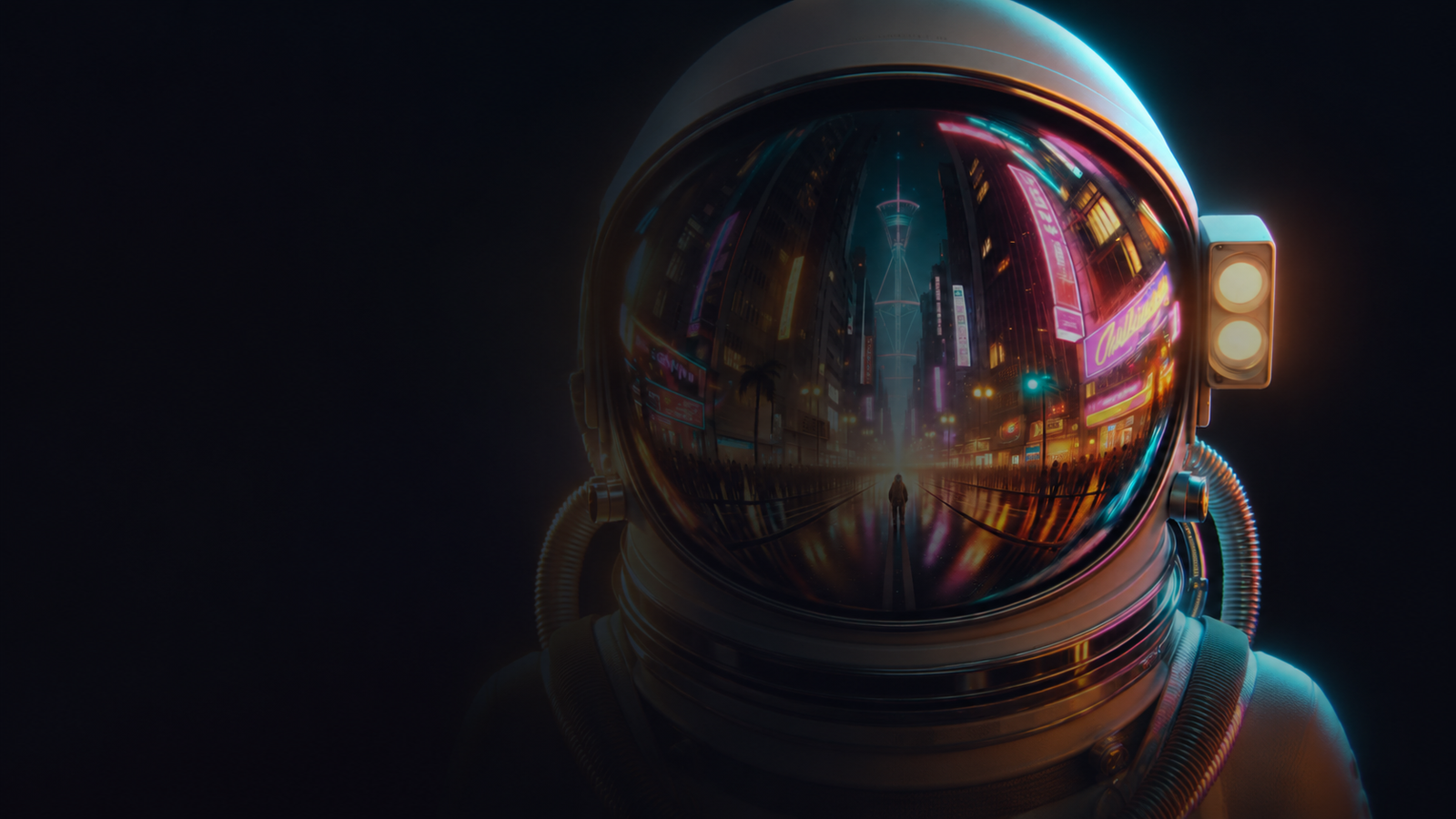 Capacete de astronauta refletindo uma cidade iluminada